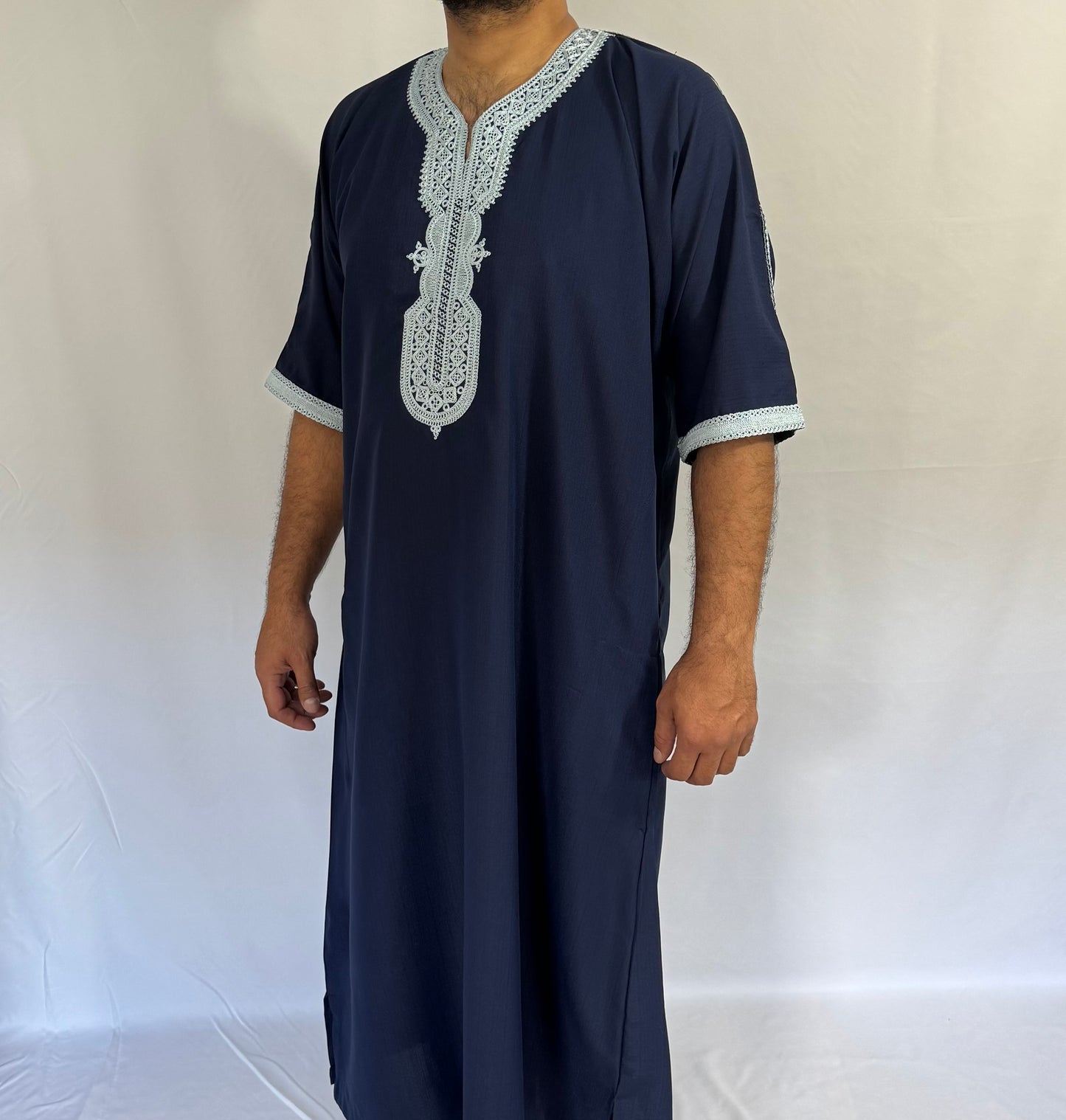 Navy Blue Moroccan Thobe with Exquisite Embroidery