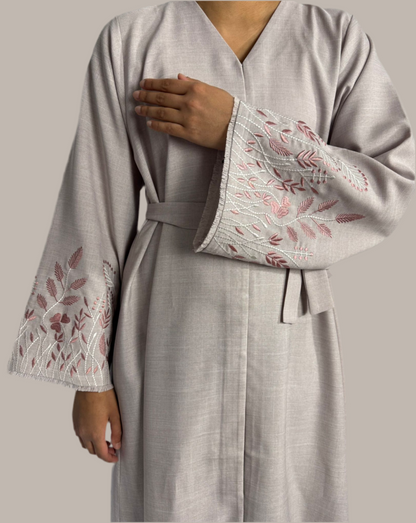Open Abaya with Embroidered Sleeves - Dusty Pink