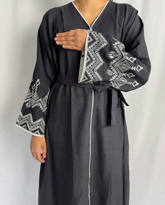 Open Abaya with Embroidered Sleeves - Black