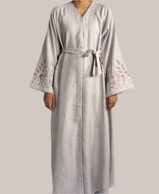 Open Abaya with Embroidered Sleeves - Dusty Pink