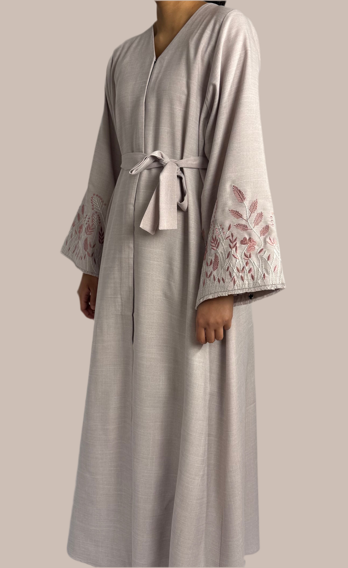 Open Abaya with Embroidered Sleeves - Dusty Pink