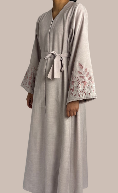 Open Abaya with Embroidered Sleeves - Dusty Pink