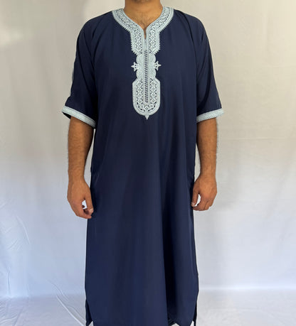 Navy Blue Moroccan Thobe with Exquisite Embroidery