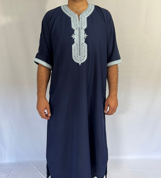 Navy Blue Moroccan Thobe with Exquisite Embroidery